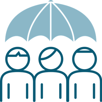 Illustrasjon/ikon av tre mennesker under en paraply.