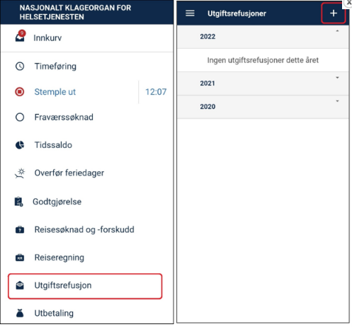 Skjermbilde av hvordan du fyller ut en utgiftsrefusjon i DFØ-appen.